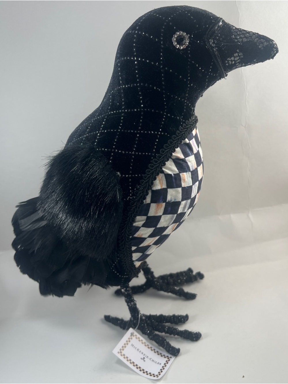 Black Velvet Decorative Bird Toy with Checkered Chest